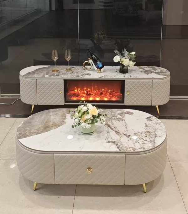 Top Marble Coffee Table / Electric Fireplace TV Stand