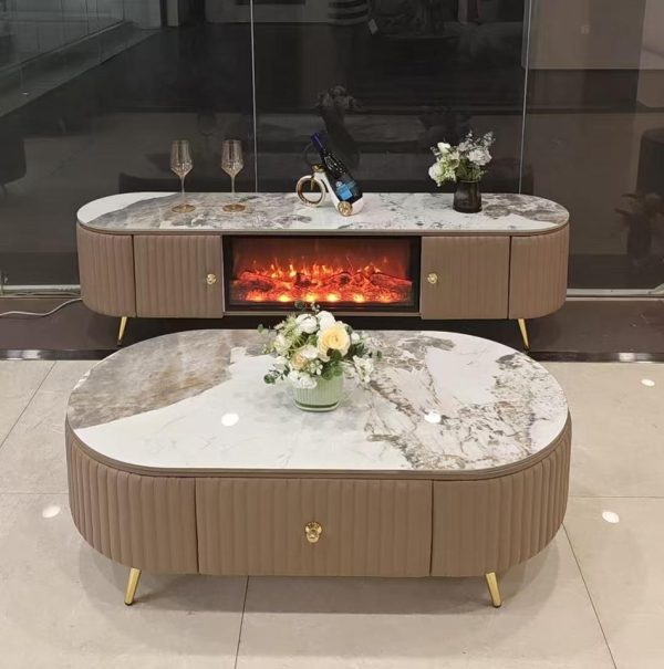 Top Marble Coffee Table / Electric Fireplace TV Stand